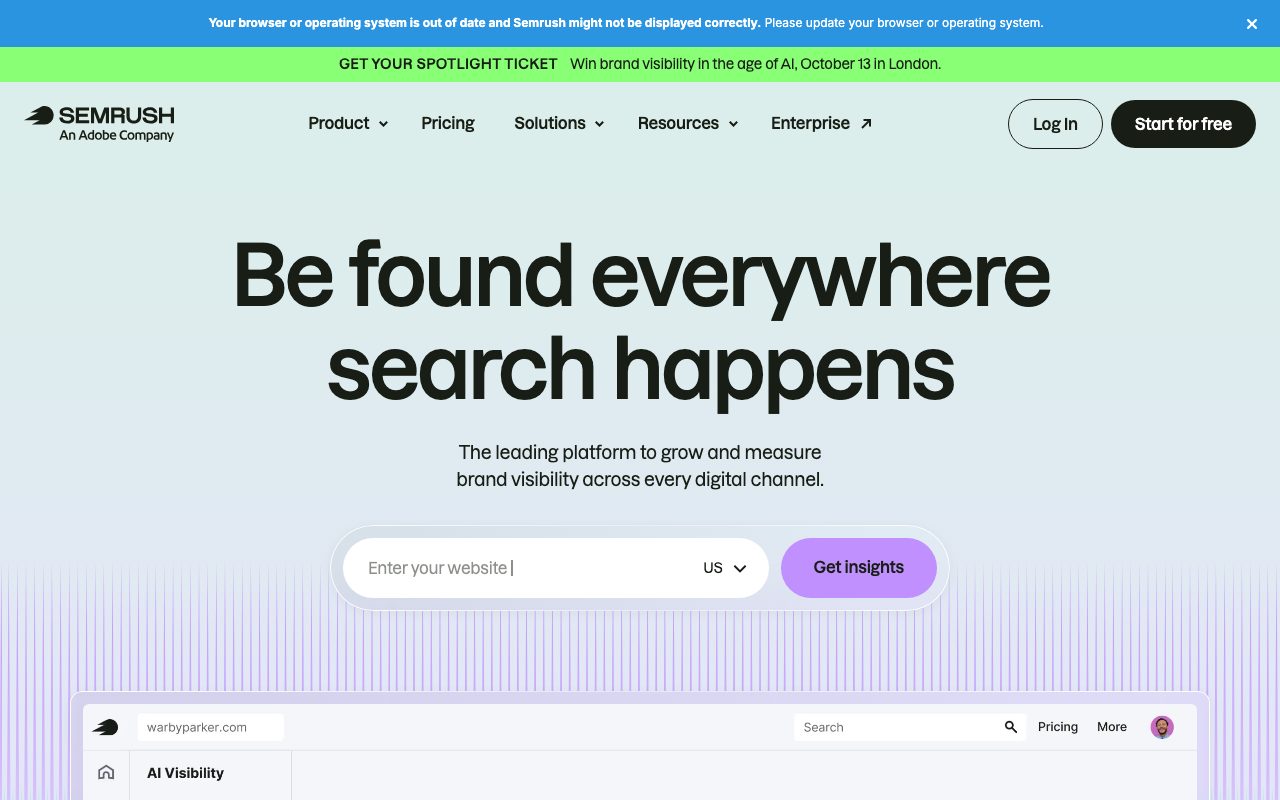 Semrush homepage screenshot captured 2026-09-08