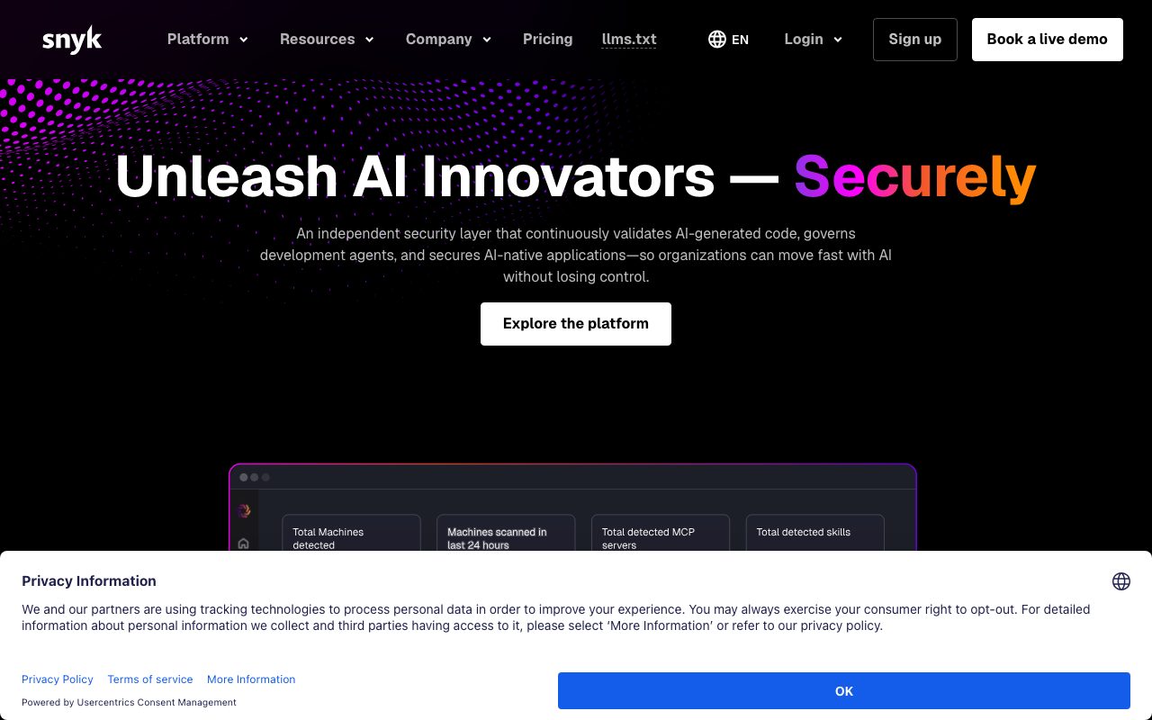 Snyk homepage screenshot captured 2026-09-08