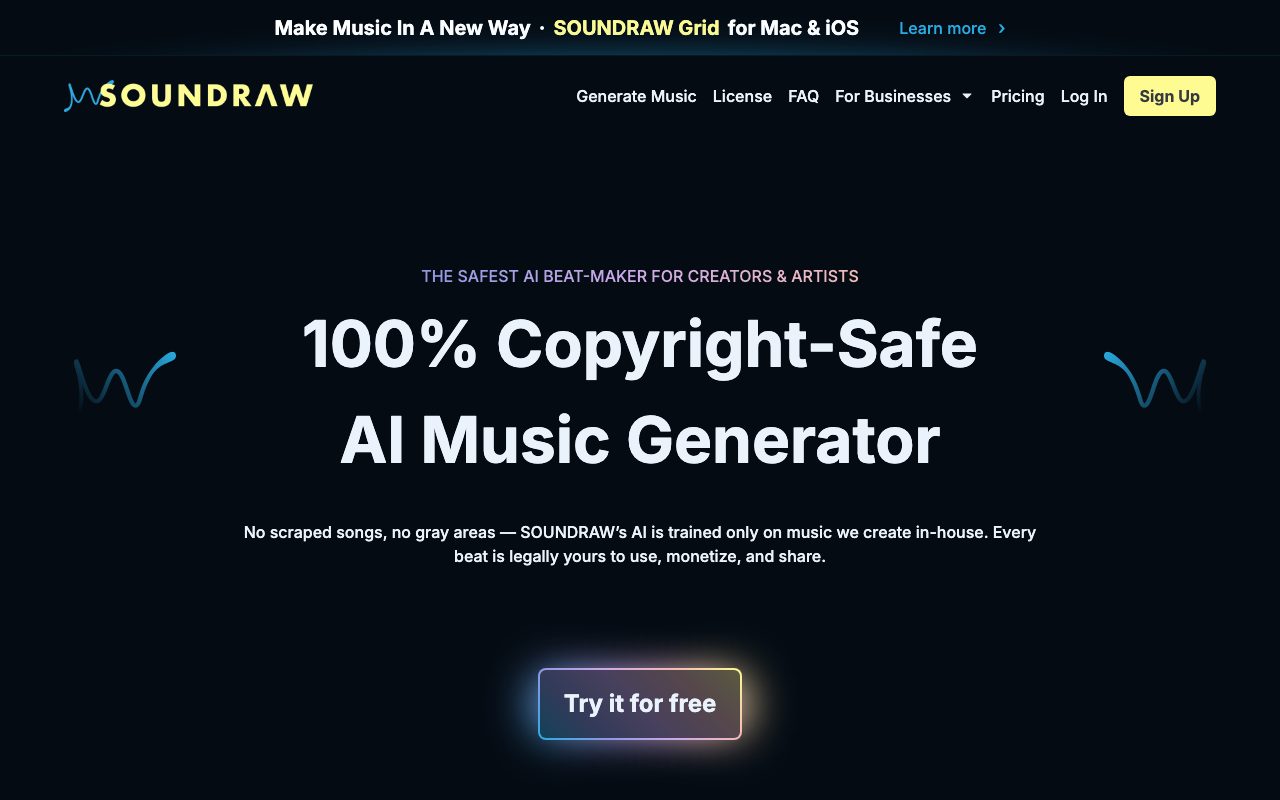 Soundraw homepage screenshot captured 2026-09-08