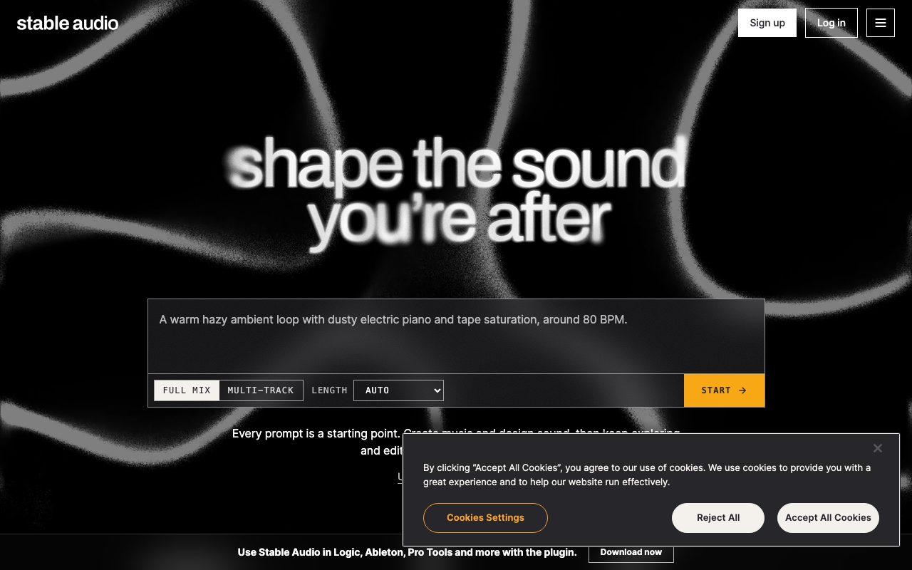 Stable Audio homepage screenshot captured 2026-09-08