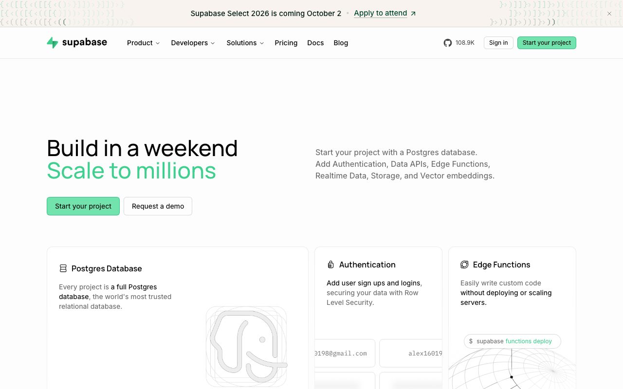 Supabase homepage screenshot captured 2026-09-08