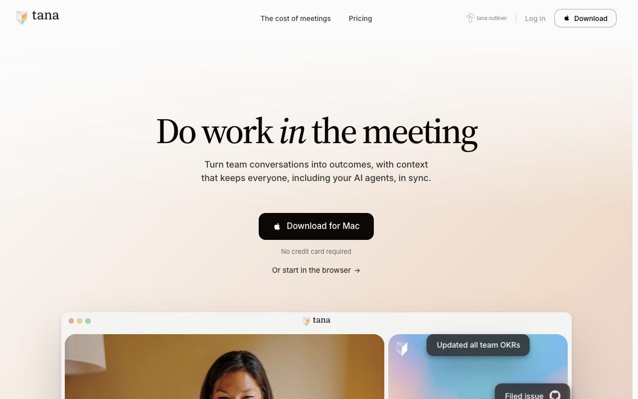 Tana homepage screenshot captured 2026-09-08