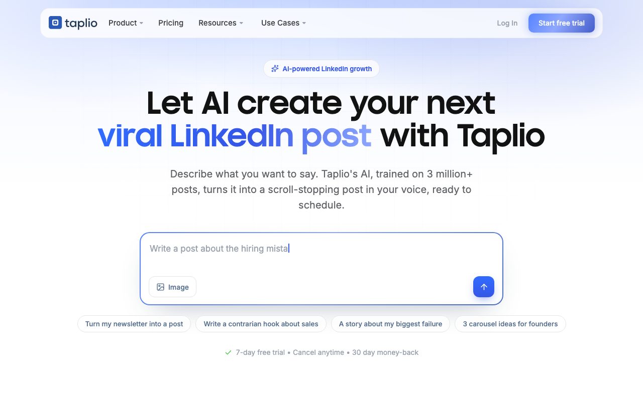 Taplio homepage screenshot captured 2026-09-02