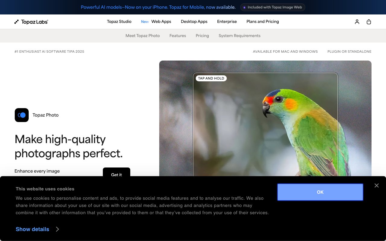 Topaz Photo AI homepage screenshot captured 2026-09-08