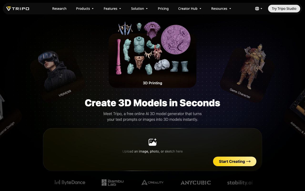 Tripo AI homepage screenshot captured 2026-09-02
