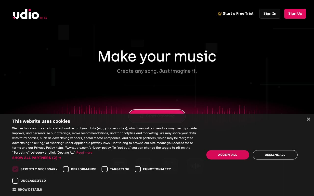 Udio homepage screenshot captured 2026-09-02
