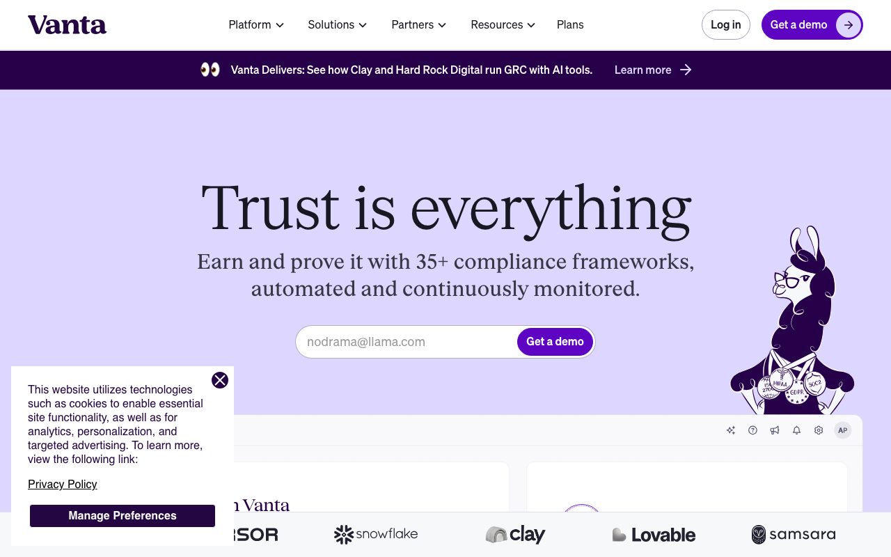 Vanta homepage screenshot captured 2026-09-08