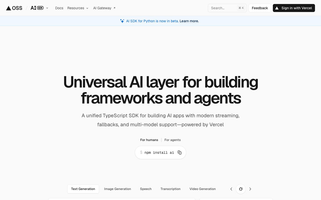Vercel AI SDK homepage screenshot captured 2026-09-08