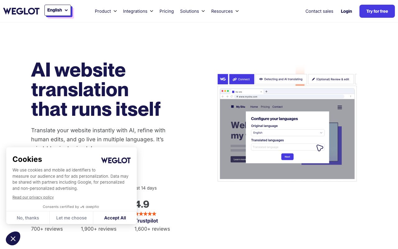 Weglot homepage screenshot captured 2026-09-08