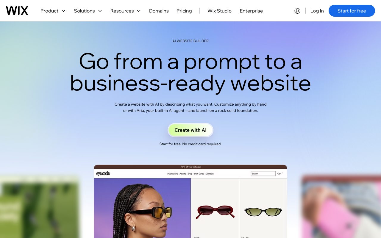 Wix AI homepage screenshot captured 2026-09-08