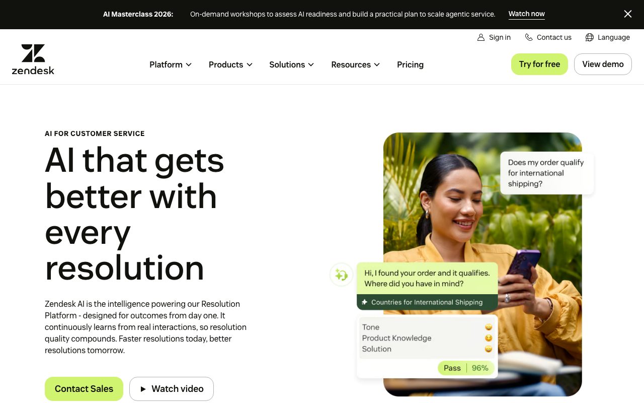 Zendesk AI homepage screenshot captured 2026-09-02