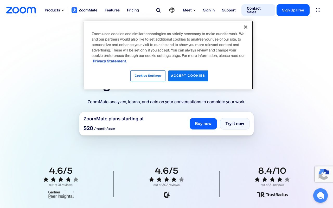 Zoom AI Companion homepage screenshot captured 2026-09-08